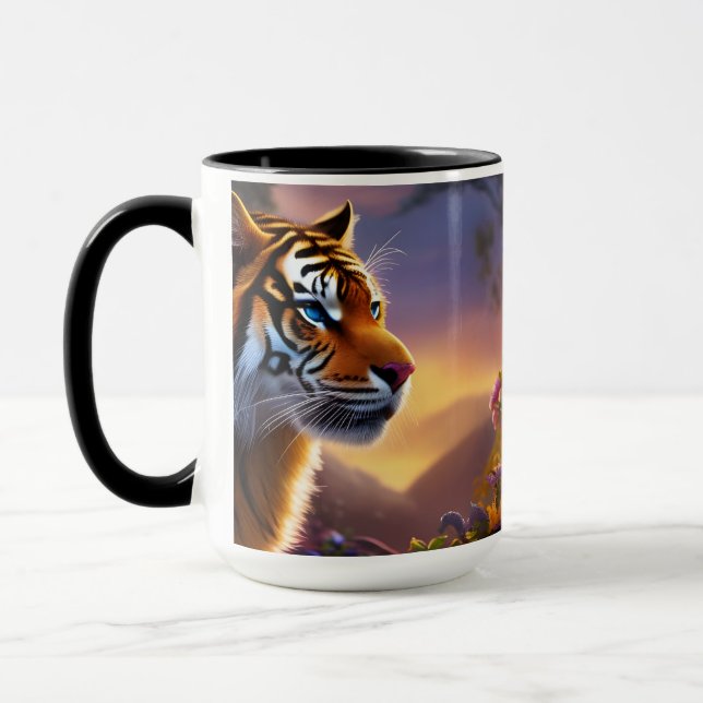 Blue Eyed Tiger and Pink Flowers Mug (Left)
