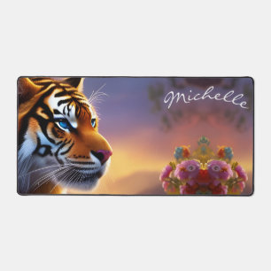 Blue Eyed Tiger and Pink Flowers Poster Desk Mat