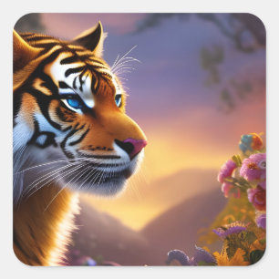 Blue Eyed Tiger and Pink Flowers Square Sticker