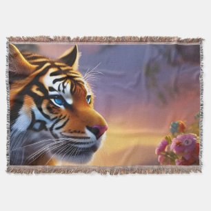 Blue Eyed Tiger and Pink Flowers Throw Blanket