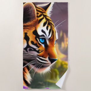 Blue Eyed Tiger Cub and Purple Flowers Beach Towel