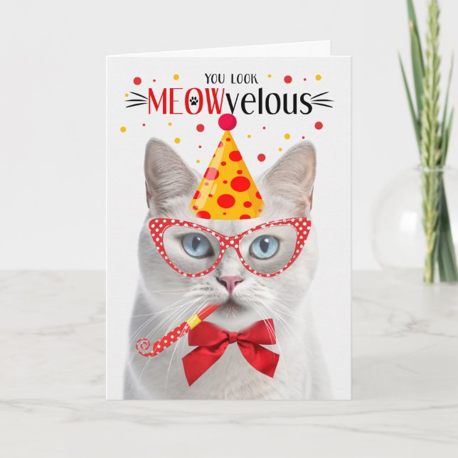 Blue Eyed White Cat MEOWvelous Birthday Card (Front)