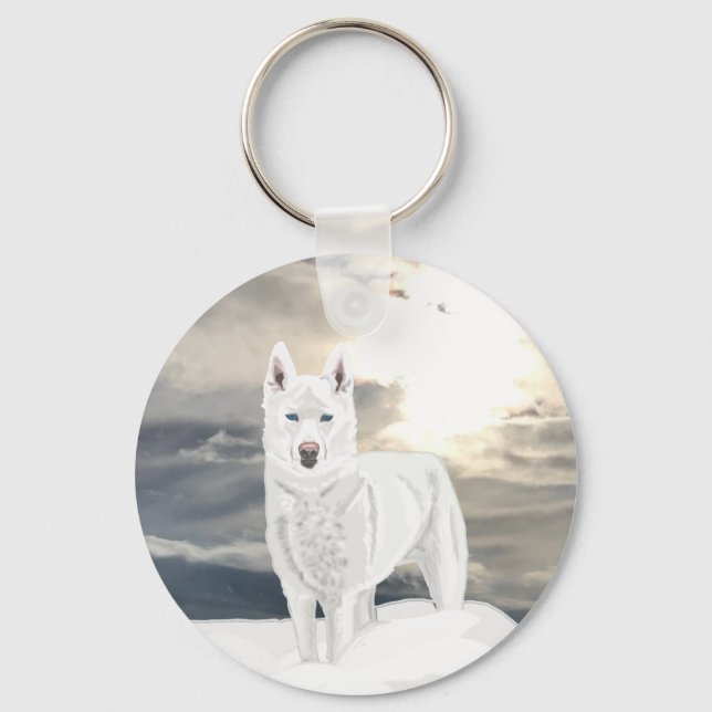 Blue eyed, white Husky, in snow with Artic Sky Key Ring (Front)