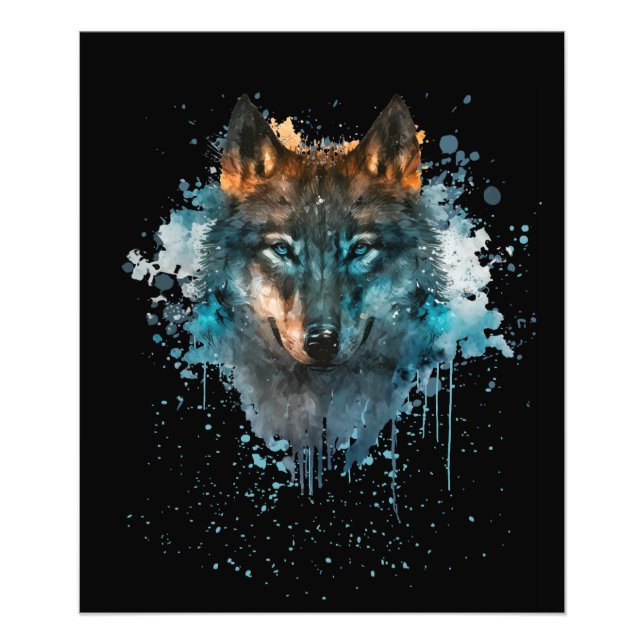 Blue Eyed Wolf Splatter Art Photo Print (Front)