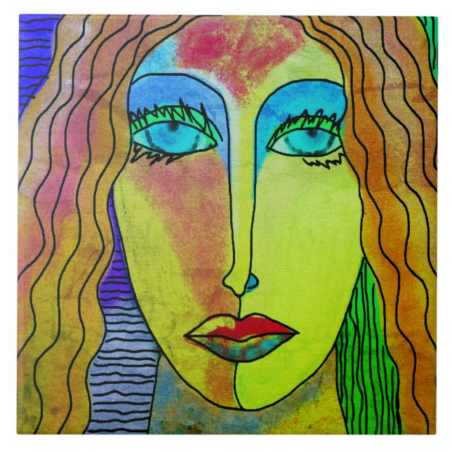 Blue Eyes Abstract Digital Portrait of a Woman Ceramic Tile (Front)