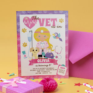 Blue Eyes Blonde Girl Vet Birthday Invitation