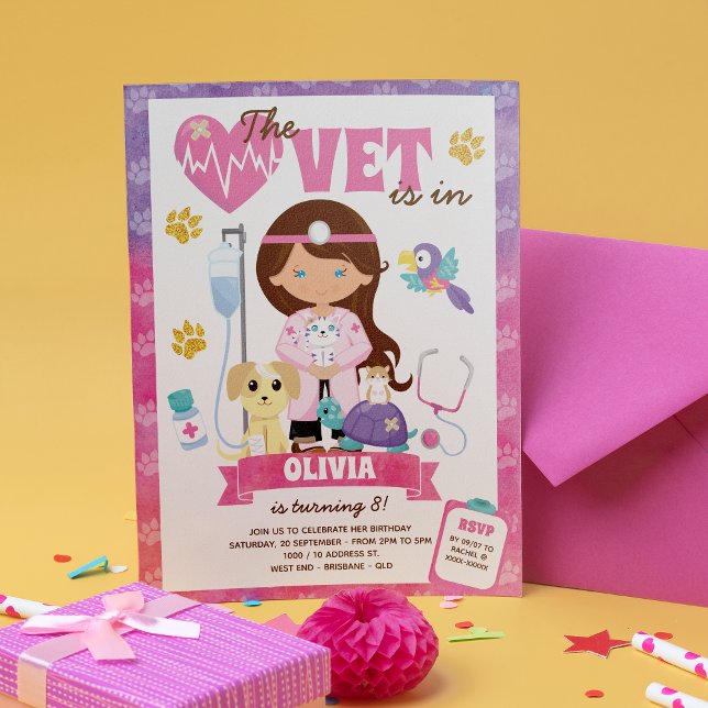 Blue Eyes Brown Hair Girl Vet Birthday Party Invitation (The cat is definitely out of the bag on this on this girl’s vet birthday invitation.)