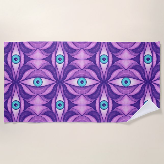 Blue Eyes in Purple Foliage Dark Botanical Art Beach Towel (Front)
