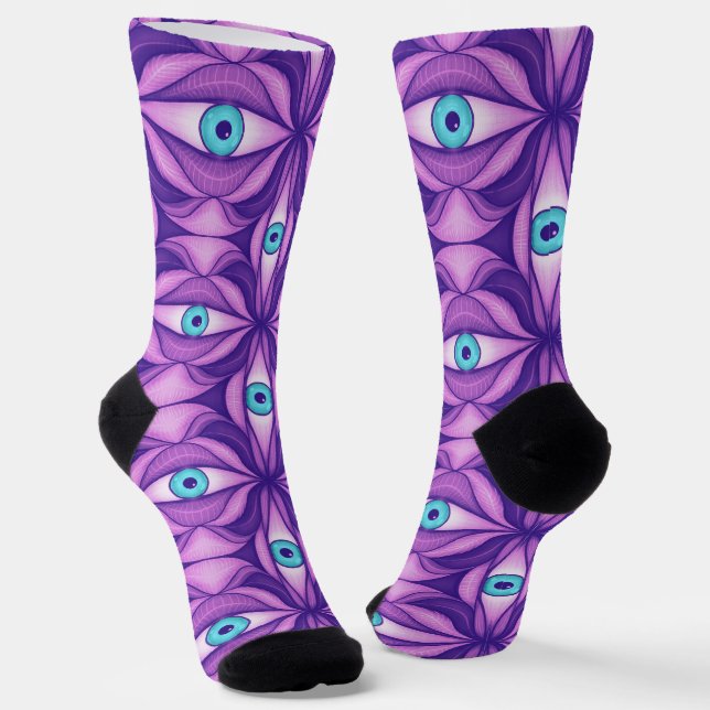 Blue Eyes in Purple Foliage Dark Botanical Art Socks (Angled)