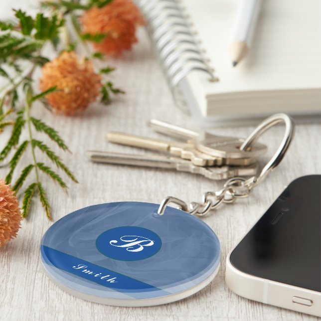 Blue fabric textured print-any colour monogram key ring (Front Right)