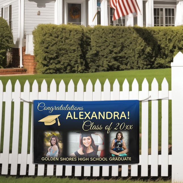 Blue Fade Filter Effect Photo Graduation Banner (customizable 3 photo graduation yard sign banner)