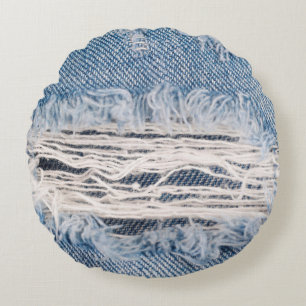 Blue faded ripped jeans, Textures ripped jeans bac Round Cushion