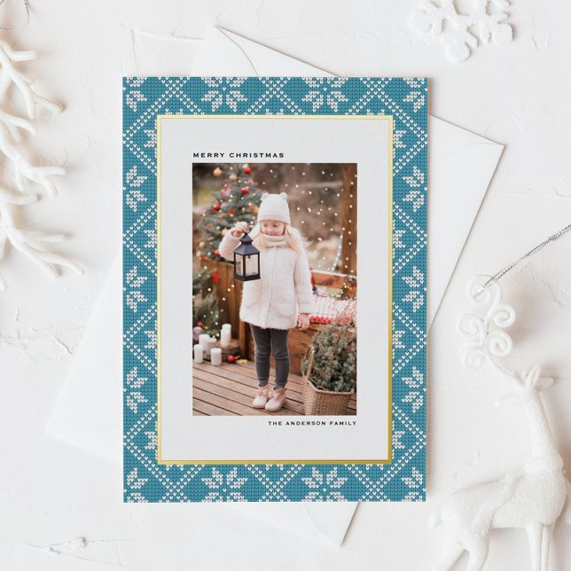 Blue Fair Isle Knit Pattern Photo Christmas Foil Holiday Card (Blue Fair Isle Knit Pattern Photo Christmas Holiday Gold Foil Card)
