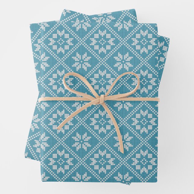 Blue Fair Isle Sweater Knit Pattern Christmas Wrapping Paper Sheet (In situ)