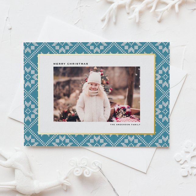 Blue Fair Isle Winter Knit Pattern Photo Christmas Foil Holiday Card (Blue Fair Isle Winter Knit Pattern Photo Christmas Foil Holiday Card)