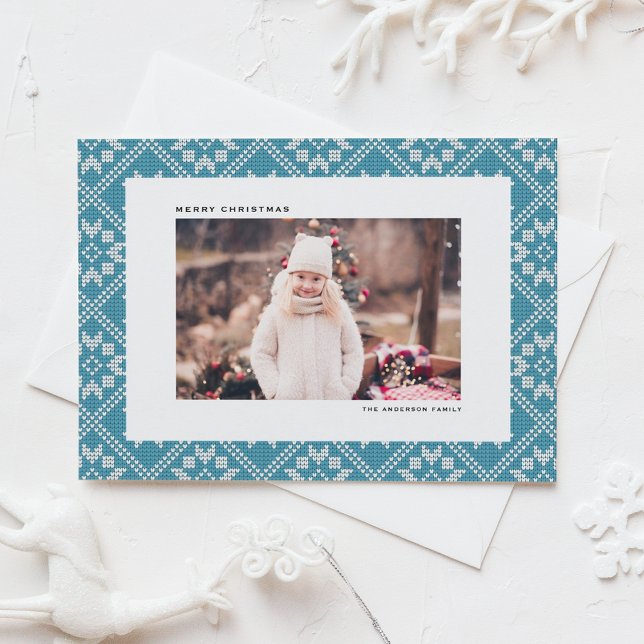 Blue Fair Isle Winter Knit Pattern Photo Christmas Holiday Postcard (Blue Fair Isle Sweater Knit Pattern Photo Christmas Holiday Card)