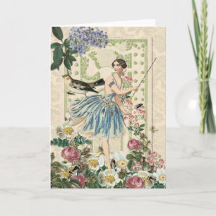 Blue Fairy & Bird - Vintage Blank Greeting Note Card