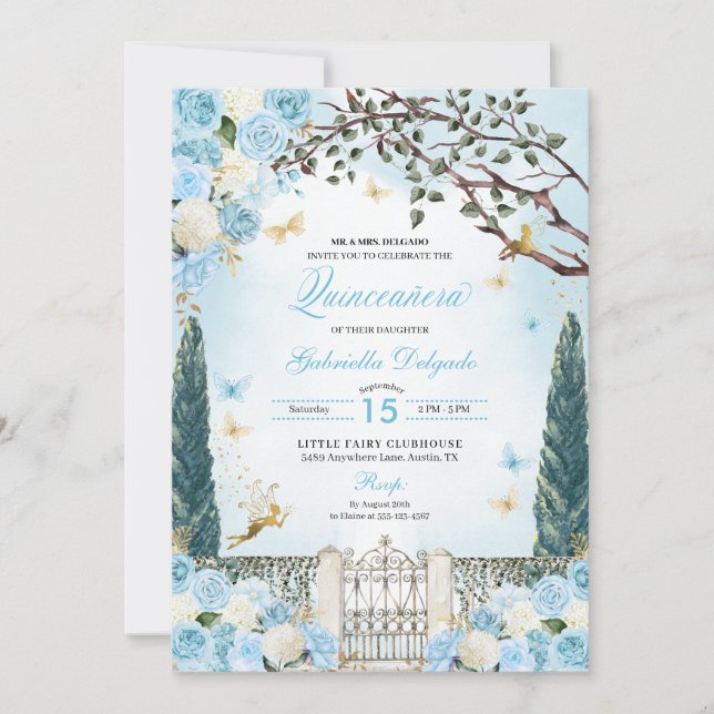 Blue Fairy Enchanted Garden Quinceanera Invitation (Front)
