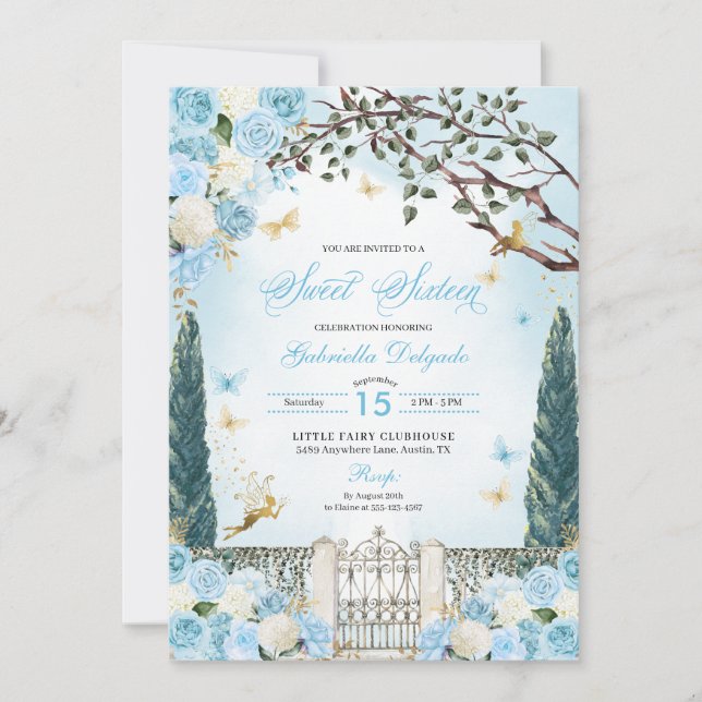 Blue Fairy Enchanted Garden Sweet Sixteen Invitation (Front)
