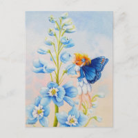 Blue Fairy on Delphinium Flower Watercolor Art