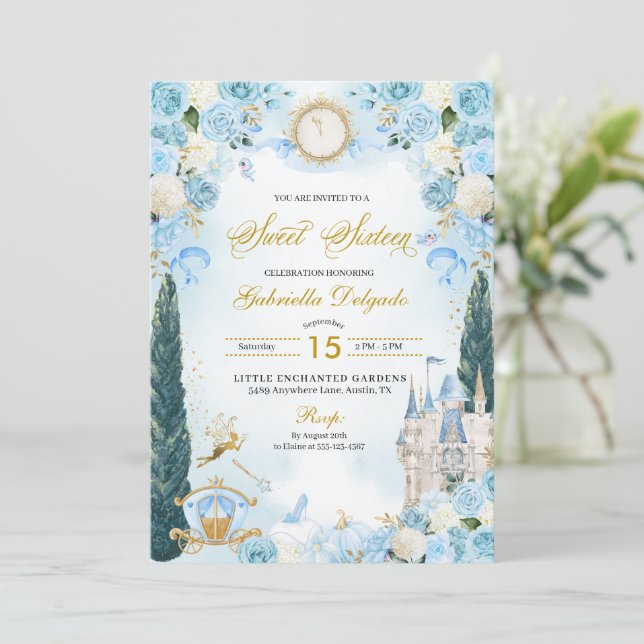 Blue Fairytale Cinderella Princess Sweet Sixteen Invitation (Standing Front)