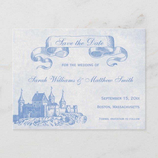 Blue Fairytale Wedding Save the Date Postcard (Front)