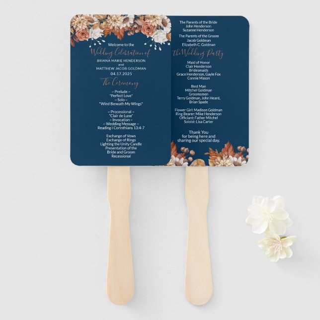 Blue Fall Floral Bouquet Wedding Program Hand Fan (Front and Back)