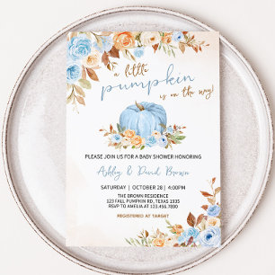 Blue Fall Floral Pumpkin Baby Shower Invitation