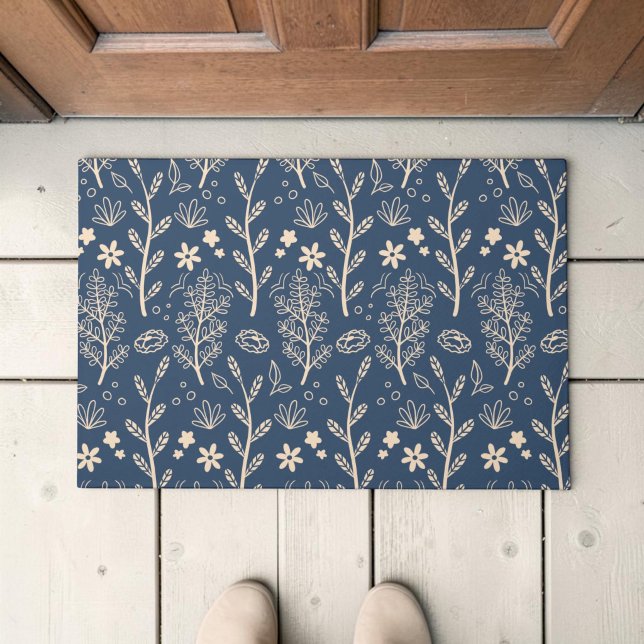 Blue Fall Foliage Botanical Pattern Doormat (Navy doormat with cream wildflower and branch pattern, shown from above.)