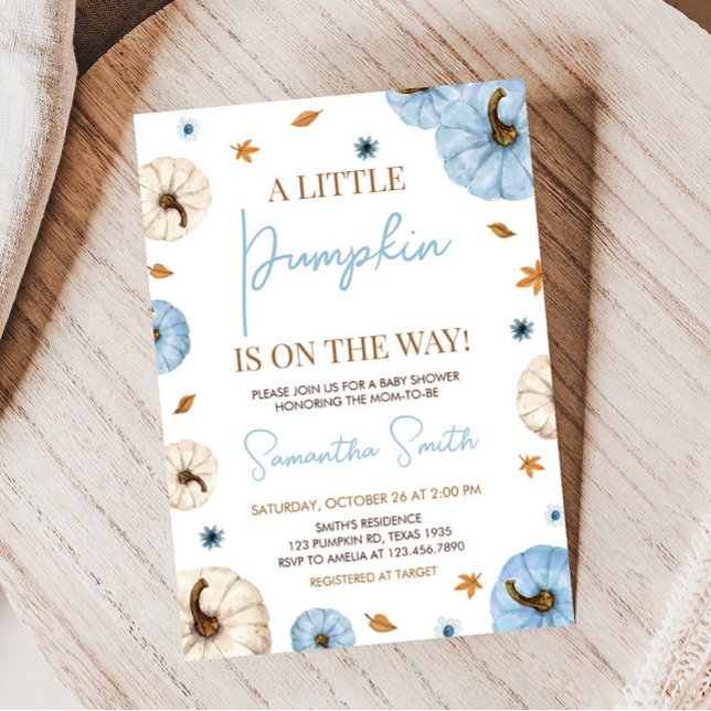 Blue Fall Pumpkin Baby Shower Invitation (Boy A Little Pumpkin Baby Shower Invitation)