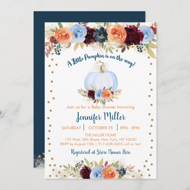 Blue Fall Pumpkin Floral Baby Shower Invitation (Front/Back)
