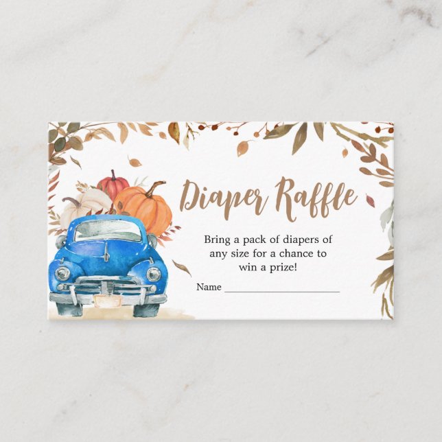 Blue Fall Pumpkin Truck Baby Shower Diaper Raffle Enclosure Card (Front)