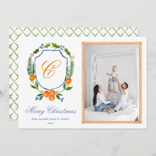 Blue Family Crest Citrus Garland Christmas Photo  Holiday Card (Front/Back)