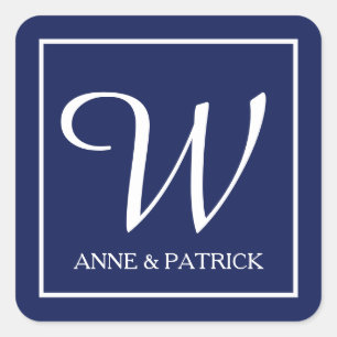 Blue family initial monogram & names, wedding  square sticker