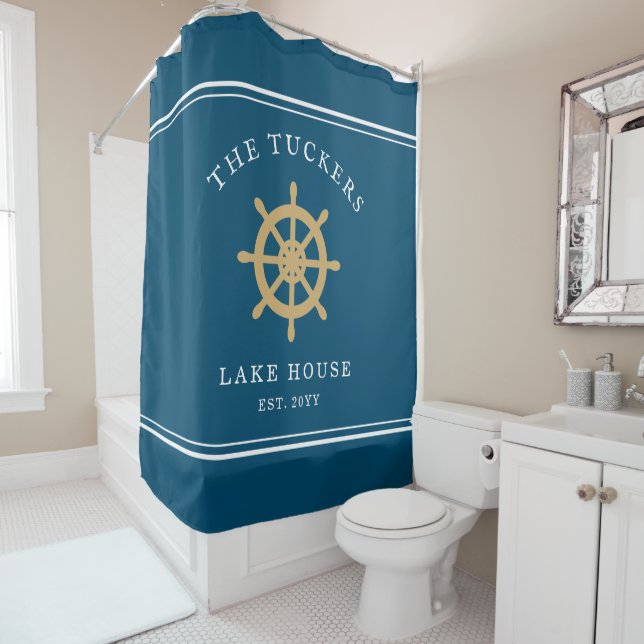 Blue Family Name Lake House Nautical Ship's Wheel Shower Curtain (In Situ)