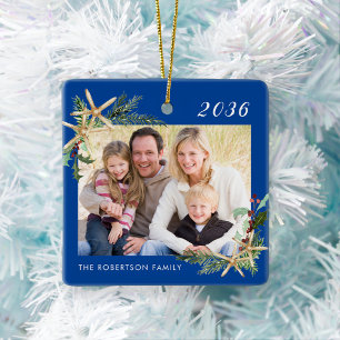Blue Family Photo Christmas Beach Starfish Ceramic Ornament