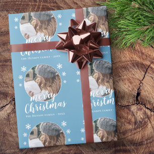 Blue Family Photo Snowflake Merry Christmas Wrapping Paper