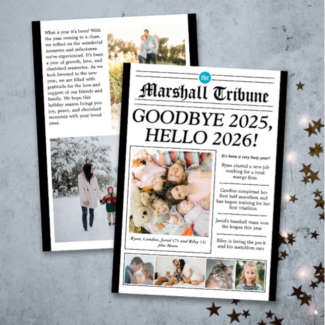 Blue Family Tribune Holiday Photo New Year Card (Modern seven photo newspaper style holiday card with lots of customizable text for a fun wrap up)