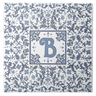 Blue Fancy Floral Graphic Design Personalised Ceramic Tile