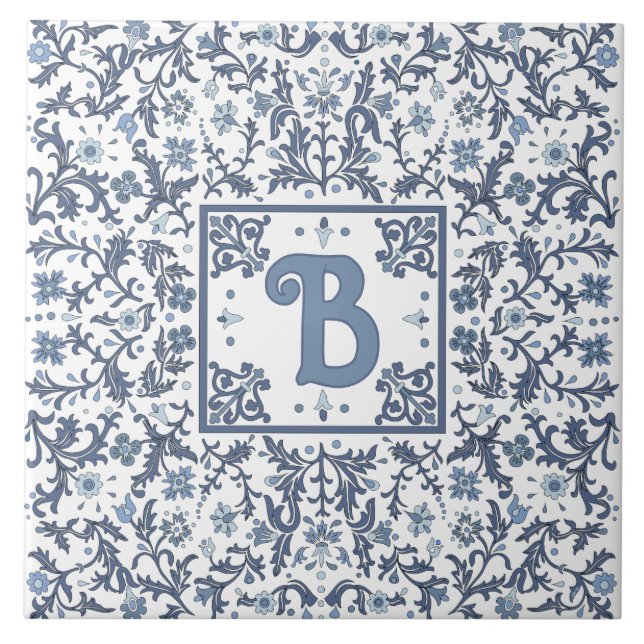 Blue Fancy Floral Graphic Design Personalised Ceramic Tile (Front)