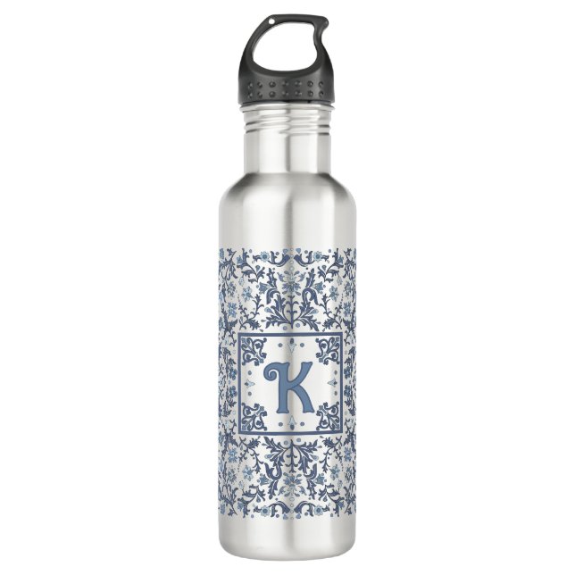 Blue Fancy Floral Graphic Pattern Personalised 710 Ml Water Bottle (Front)