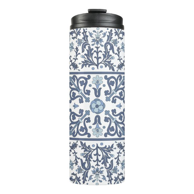 Blue Fancy Floral Graphic Pattern Thermal Tumbler (Front)