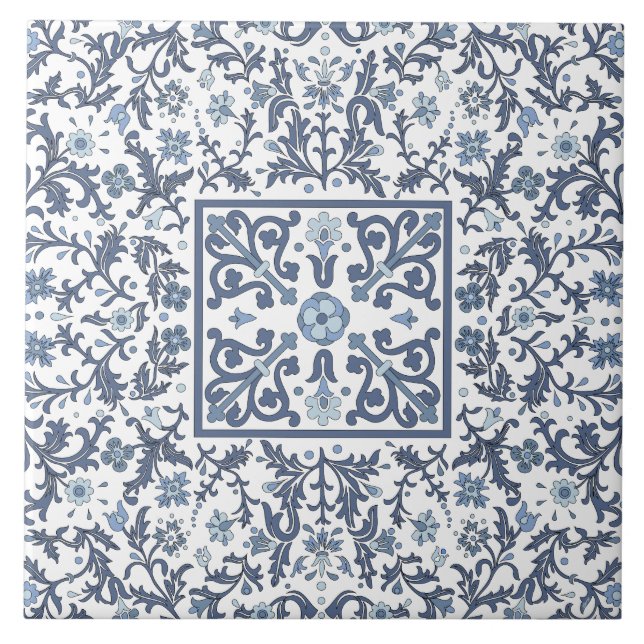 Blue Fancy Graphic Floral Pattern Ceramic Tile (Front)