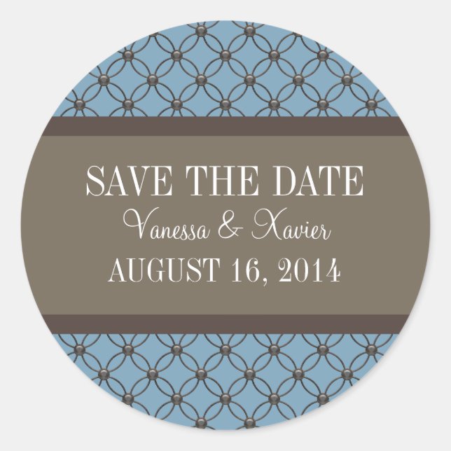 Blue Fancy Lattice Save the Date Stickers (Front)