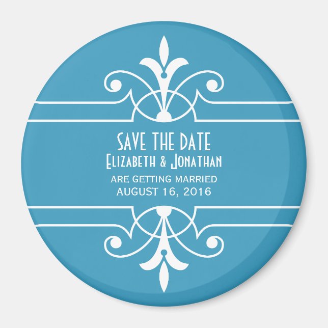 Blue Fancy Ornamental Save the Date Magnet (Front)