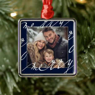 Blue Fancy Script "Merry" Christmas Photo Metal Ornament
