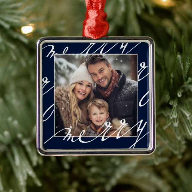 Blue Fancy Script "Merry" Christmas Photo Metal Ornament (Tree)