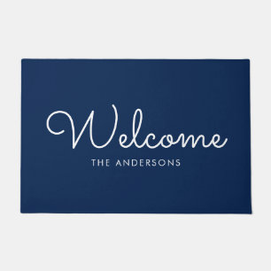 Blue Fancy Script "Welcome" Personalised Doormat