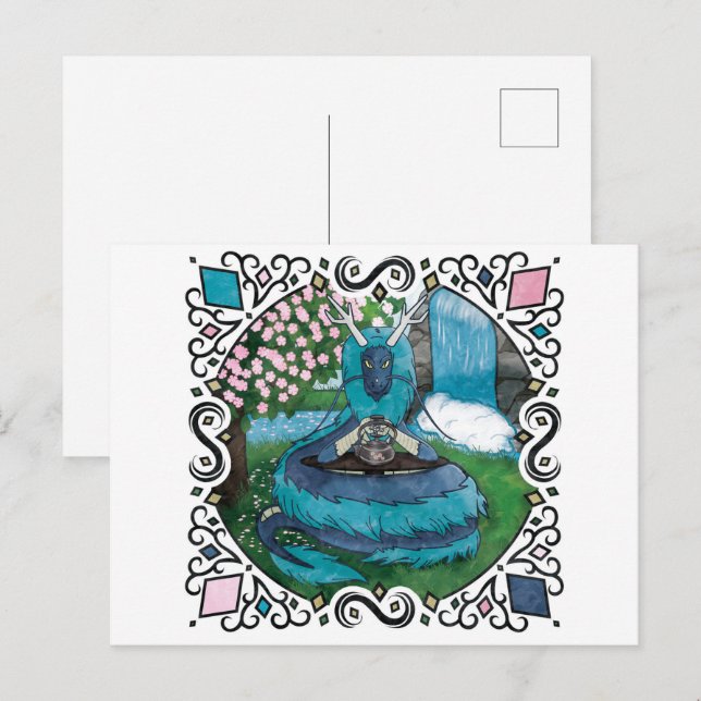 Blue Fantasy Eastern Dragon Tea Time Postcard (Front/Back)