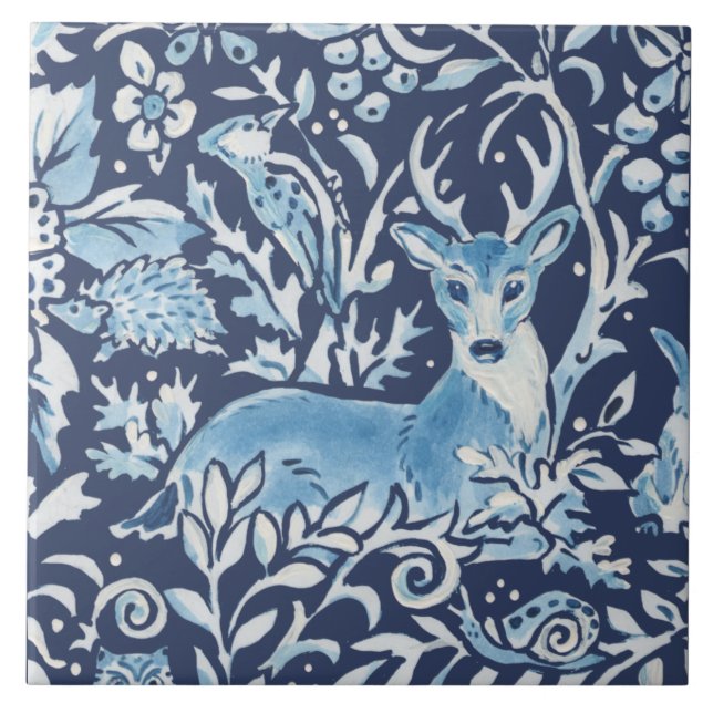 Blue Fantasy Forest Mural Woodland Deer Top Left Ceramic Tile (Front)